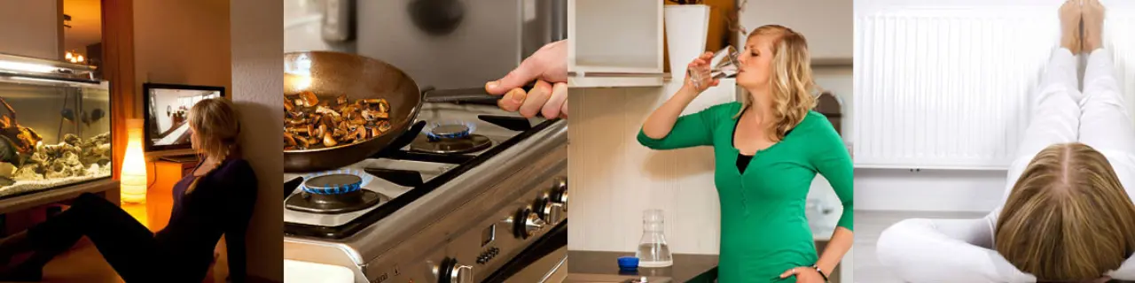 Von Links nach rechts sind 4 Bilder zu sehen:
1. Eine Frau sitzt in einem Wohnzimmer vor einem Aquarium auf dem Boden.
2. Ein Gasherd über den eine Pfanne mit enthaltenem Essen gehalten wird.
3. Eine Frau steht in der Küche und trinkt ein Glas Wasser.
4. Eine Frau liegt auf dem Boden und hält ihre Füße an einen Heizungskörper.