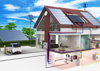 Website PV Anlage Querschnitt eines Smart-Homes mit Solaranlage, E-Auto und Energiefluss-System